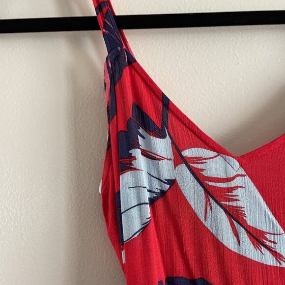 Express Women XXS Red Leaf Print Tropical Hawaiian Ruffle High Low Midi Sundress - Picture 6 of 10